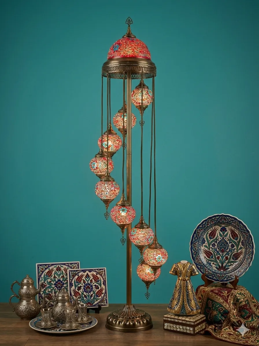 Floor Lamps Turkish 9 Globe Mosaic Standing Lamp with Gold Lampshade