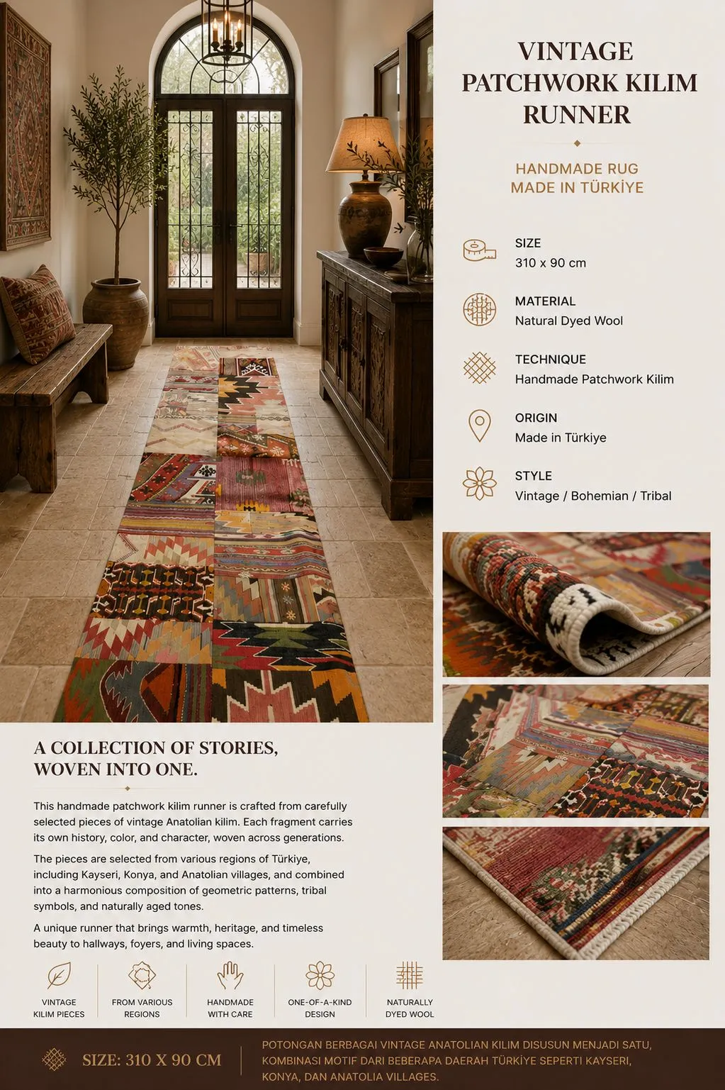 Handmade Vintage Patchwork Kilim Runner – Made in Türkiye