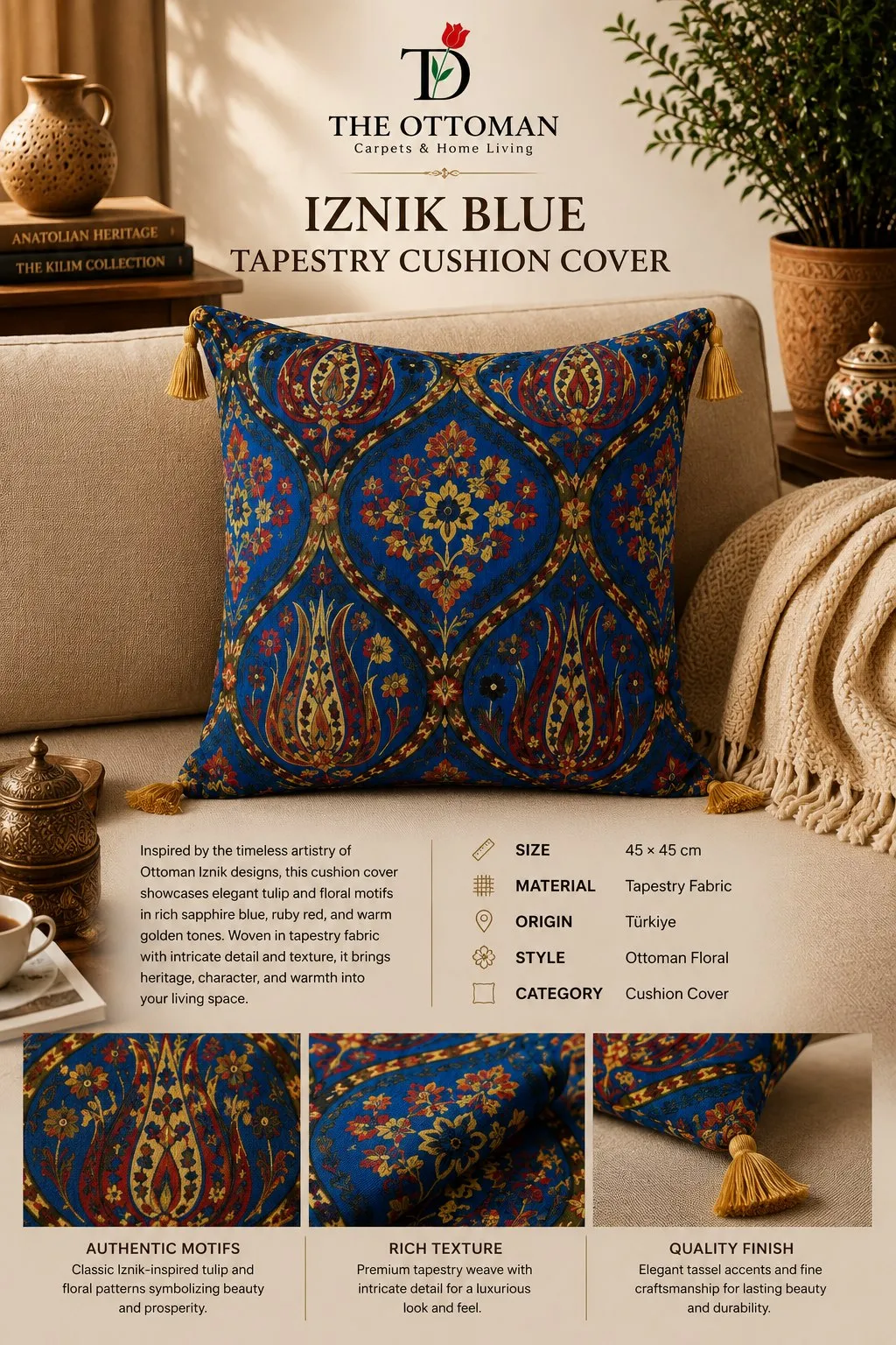 Iznik Blue Tapestry Cushion Cover